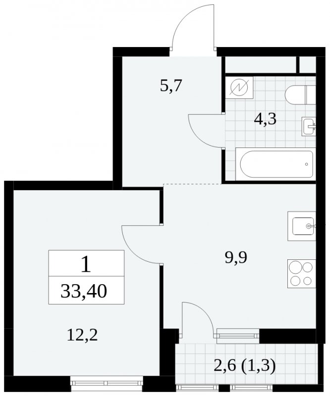 1-комнатная квартира с частичной отделкой, 33.4 м2, 7 этаж, сдача 2 квартал 2025 г., ЖК Южные сады, корпус 2.1 - объявление 1760118 - фото №1