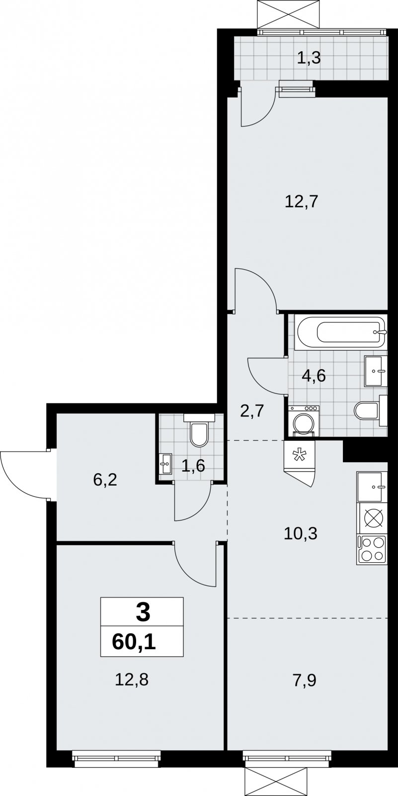 3-комнатная квартира (евро) с полной отделкой, 60.1 м2, 7 этаж, сдача 3 квартал 2026 г., ЖК Дзен-кварталы, корпус 6.1.3 - объявление 2328071 - фото №1
