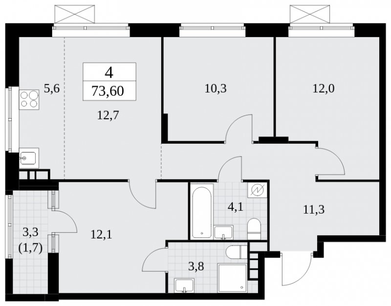 4-комнатная квартира (евро) с частичной отделкой, 73.6 м2, 13 этаж, сдача 2 квартал 2025 г., ЖК Прокшино, корпус 5.2.6 - объявление 1901118 - фото №1