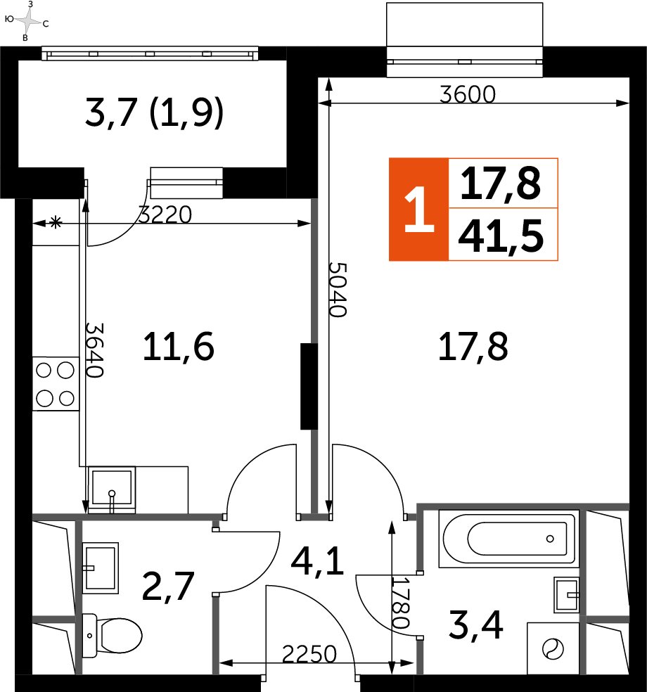 1-комнатная квартира без отделки, 41.4 м2, 14 этаж, дом сдан, ЖК UP-квартал Римский, корпус 7 - объявление 2353906 - фото №1