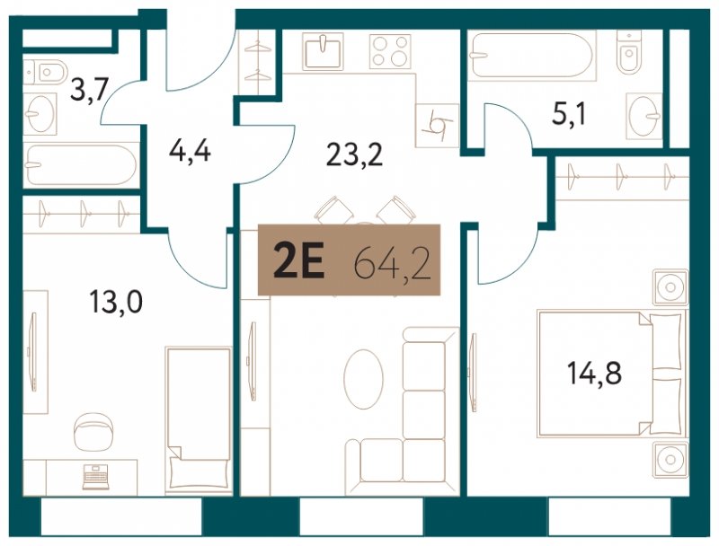 2-комнатная квартира 64.2 м2, 20 этаж, сдача 4 квартал 2022 г., ЖК Настоящее, корпус 3 - объявление 1711329 - фото №1