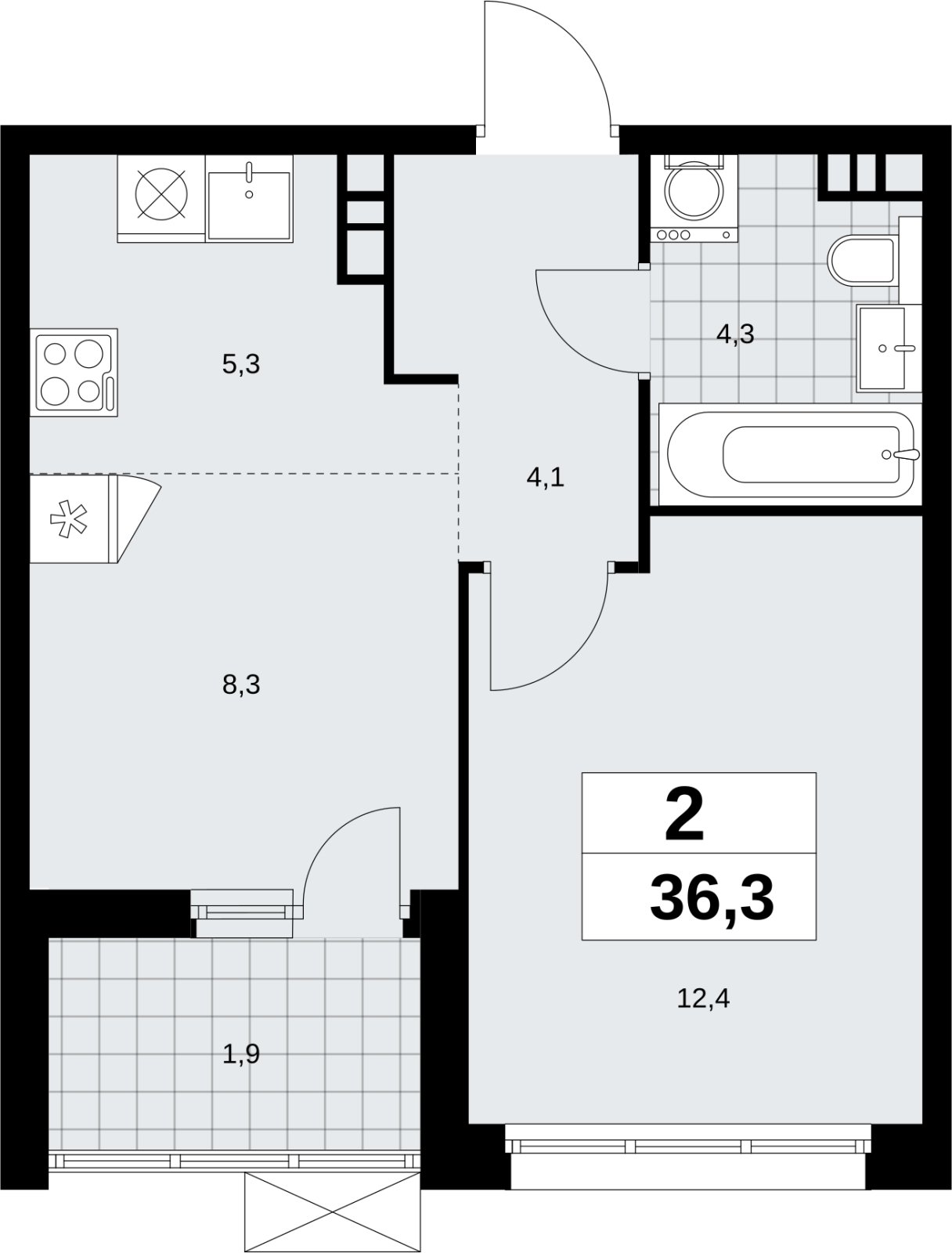 2-комнатная квартира (евро) без отделки, 36.3 м2, 8 этаж, сдача 4 квартал 2026 г., ЖК Скандинавия, корпус 2.18.1.3 - объявление 2350808 - фото №1
