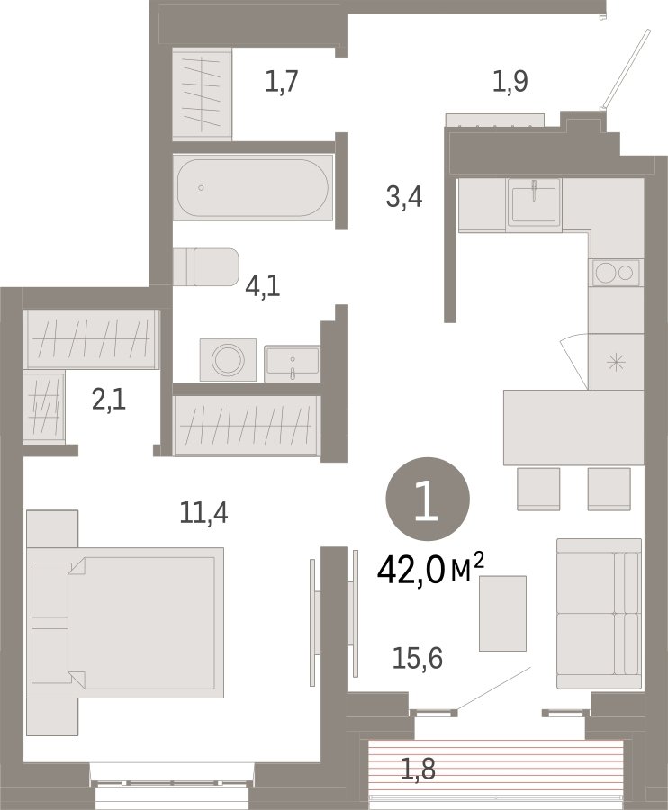 1-комнатная квартира с частичной отделкой, 42 м2, 9 этаж, сдача 3 квартал 2026 г., ЖК Квартал Метроном, корпус 1 - объявление 2310805 - фото №1