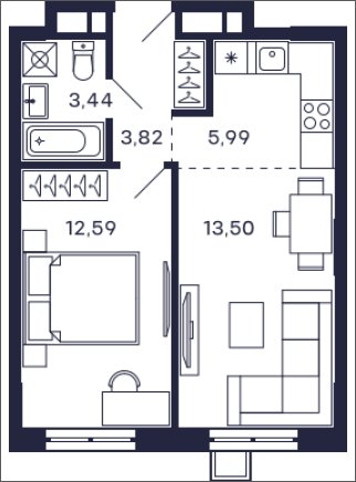 1-комнатная квартира с частичной отделкой, 37.6 м2, 12 этаж, сдача 2 квартал 2025 г., ЖК Квартал Тетрис, корпус "Квартал Тетрис 2.2" - объявление 2354593 - фото №1