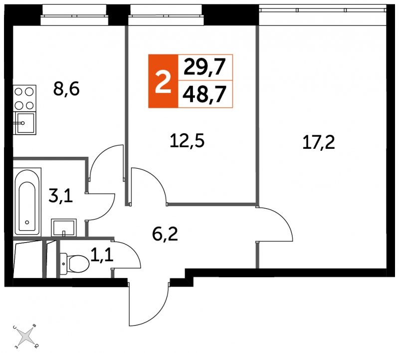 2-комнатная квартира с частичной отделкой, 48.7 м2, 17 этаж, сдача 4 квартал 2023 г., ЖК Датский квартал, корпус 2 - объявление 1568348 - фото №1