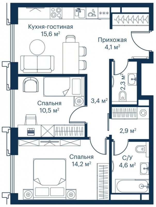 2-комнатная квартира с частичной отделкой, 57.97 м2, 6 этаж, сдача 2 квартал 2023 г., ЖК City Bay, корпус Indian Ocean 8 - объявление 1671468 - фото №1