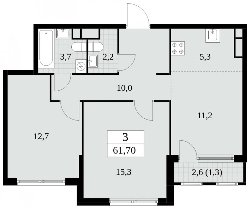 3-комнатная квартира (евро) без отделки, 61.7 м2, 15 этаж, сдача 2 квартал 2025 г., ЖК Южные сады, корпус 2.4 - объявление 1760476 - фото №1