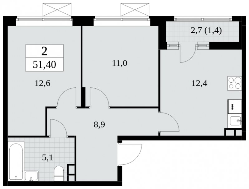 2-комнатная квартира без отделки, 51.4 м2, 3 этаж, сдача 3 квартал 2024 г., ЖК Прокшино, корпус 8.4 - объявление 2374867 - фото №1