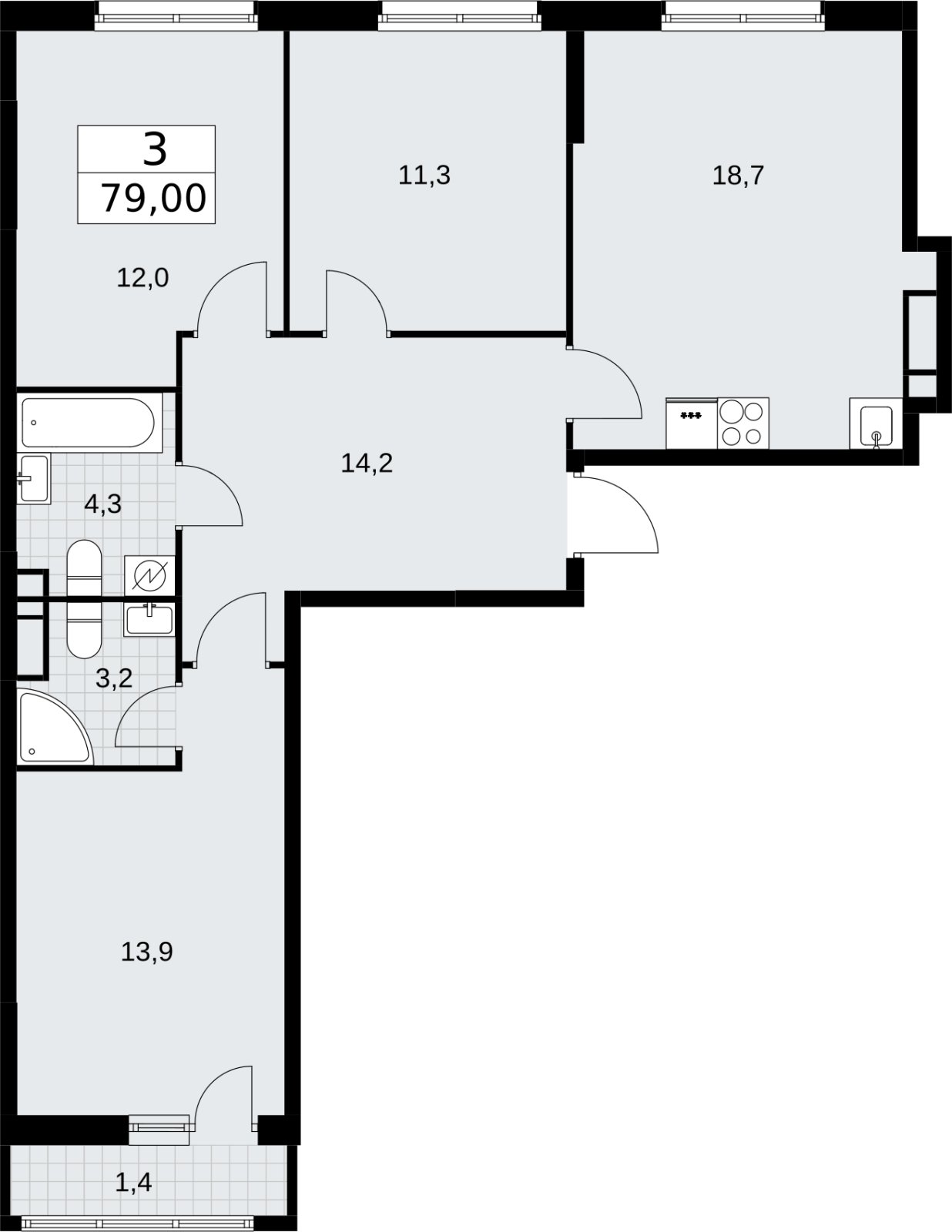 3-комнатная квартира без отделки, 79 м2, 9 этаж, сдача 3 квартал 2026 г., ЖК Родные кварталы, корпус 3.1 - объявление 2378258 - фото №1