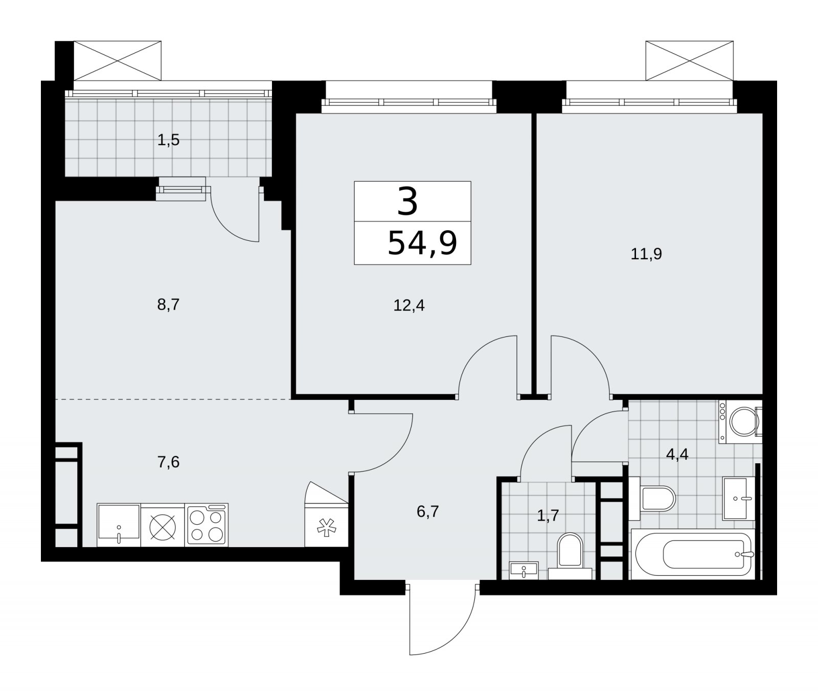 3-комнатная квартира (евро) с частичной отделкой, 54.9 м2, 12 этаж, сдача 2 квартал 2026 г., ЖК Скандинавия, корпус 25.1 - объявление 2283425 - фото №1