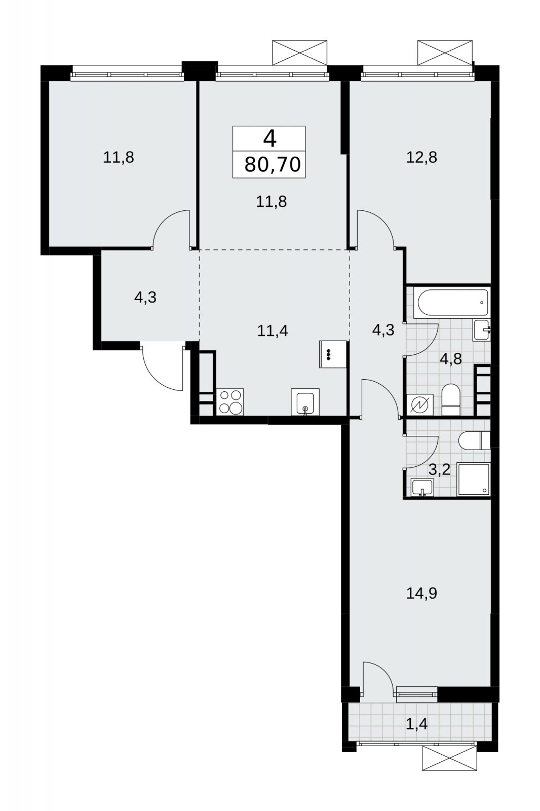 4-комнатная квартира (евро) без отделки, 80.7 м2, 12 этаж, сдача 3 квартал 2025 г., ЖК Скандинавия, корпус 28.1 - объявление 2201915 - фото №1
