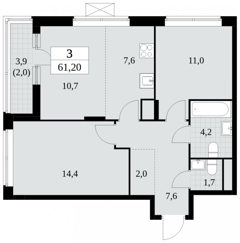 3-комнатная квартира (евро) без отделки, 61.2 м2, 16 этаж, сдача 3 квартал 2024 г., ЖК Прокшино, корпус 8.6 - объявление 1684583 - фото №1