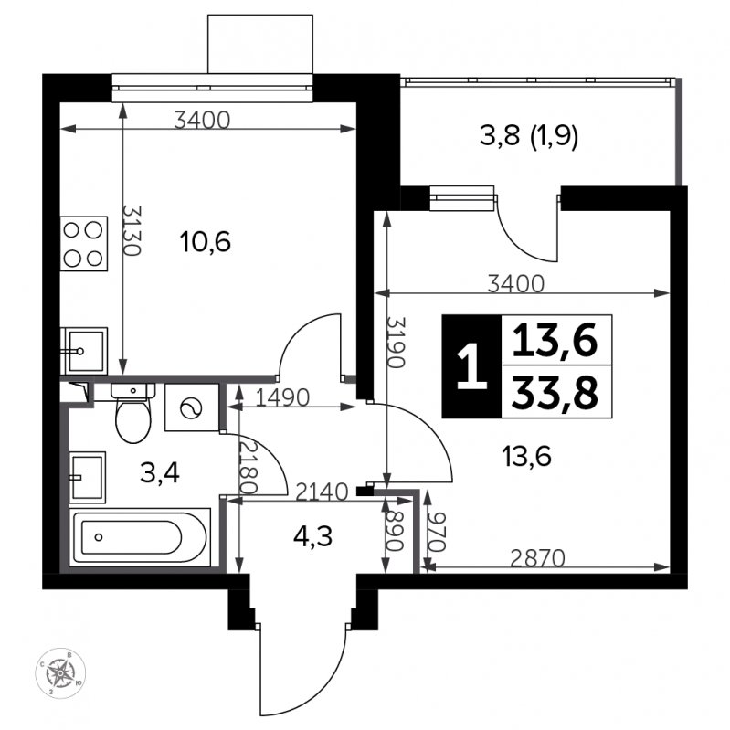 1-комнатная квартира с частичной отделкой, 33.8 м2, 4 этаж, сдача 3 квартал 2023 г., ЖК Южная Битца, корпус 12 - объявление 1947092 - фото №1