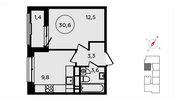 1-комнатная квартира с частичной отделкой, 30.6 м2, 9 этаж, сдача 3 квартал 2024 г., ЖК Скандинавия, корпус 2.22.3 - объявление 1625592 - фото №1