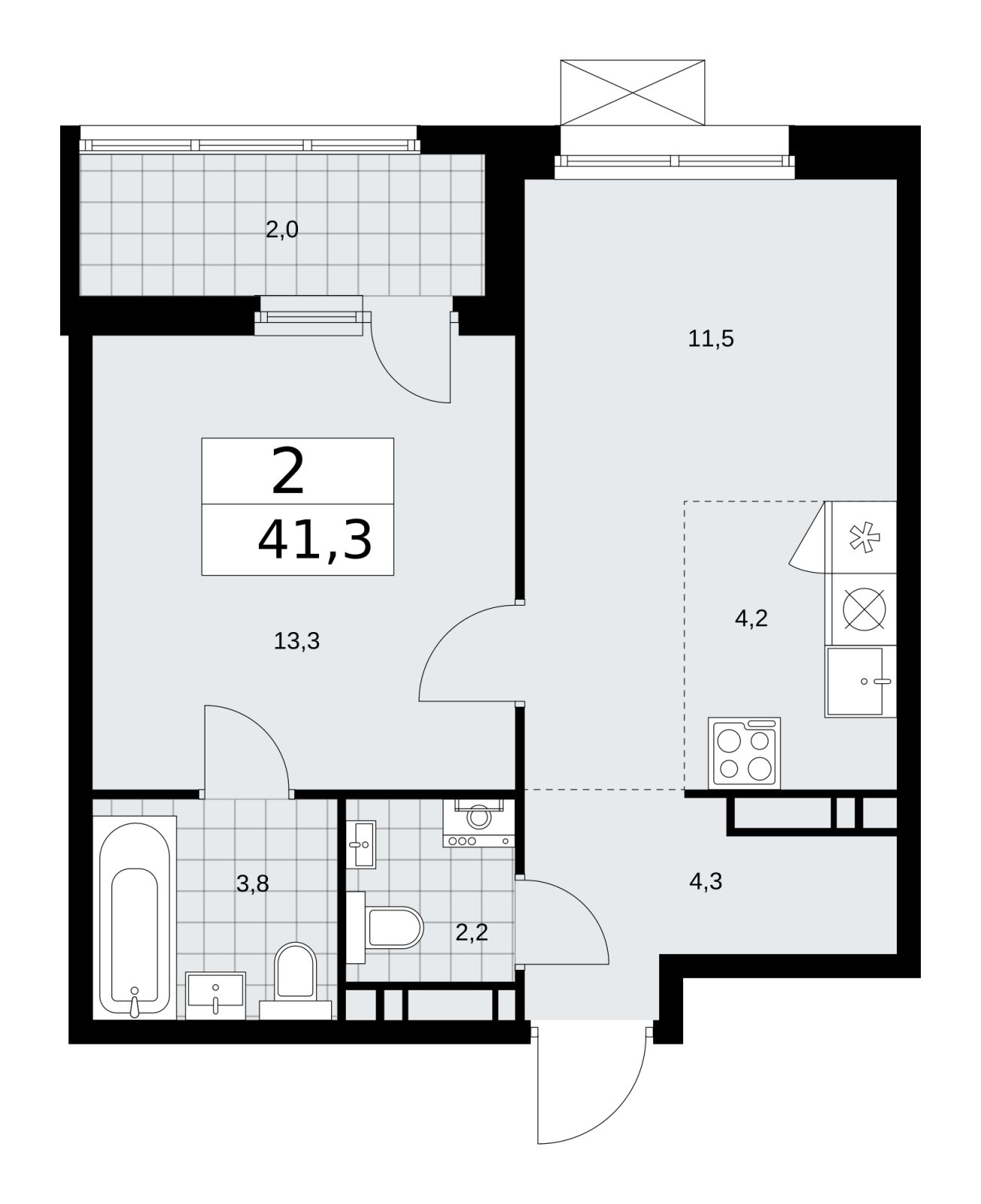 2-комнатная квартира (евро) без отделки, 41.3 м2, 11 этаж, сдача 1 квартал 2026 г., ЖК Дзен-кварталы, корпус 4.3 - объявление 2251775 - фото №1