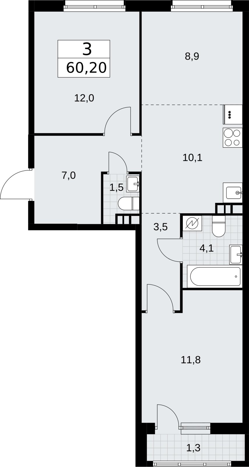 3-комнатная квартира (евро) с полной отделкой, 60.2 м2, 3 этаж, сдача 4 квартал 2026 г., ЖК Родные кварталы, корпус 3.3 - объявление 2378500 - фото №1