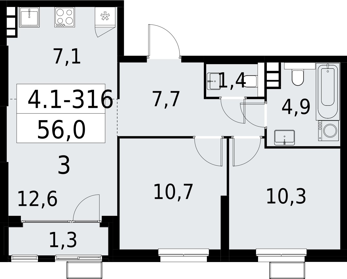 3-комнатная квартира (евро) с полной отделкой, 56 м2, 11 этаж, сдача 2 квартал 2027 г., ЖК Южные сады, корпус 4.1.2 - объявление 2392824 - фото №1