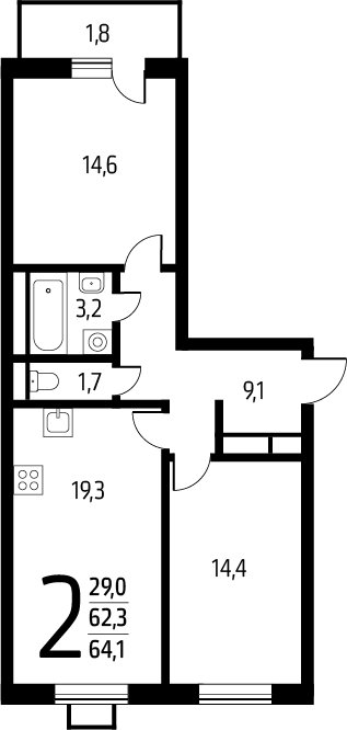 2-комнатная квартира с полной отделкой, 64.1 м2, 7 этаж, сдача 1 квартал 2025 г., ЖК Новые Ватутинки. Заречный, корпус 5/2 - объявление 2271854 - фото №1