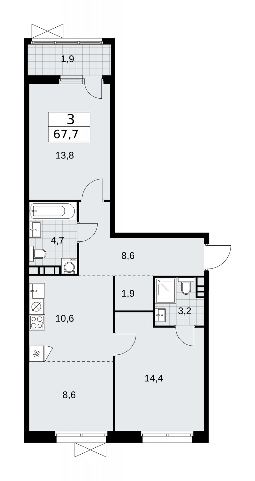 3-комнатная квартира (евро) без отделки, 67.7 м2, 8 этаж, сдача 1 квартал 2026 г., ЖК Дзен-кварталы, корпус 4.3 - объявление 2251684 - фото №1
