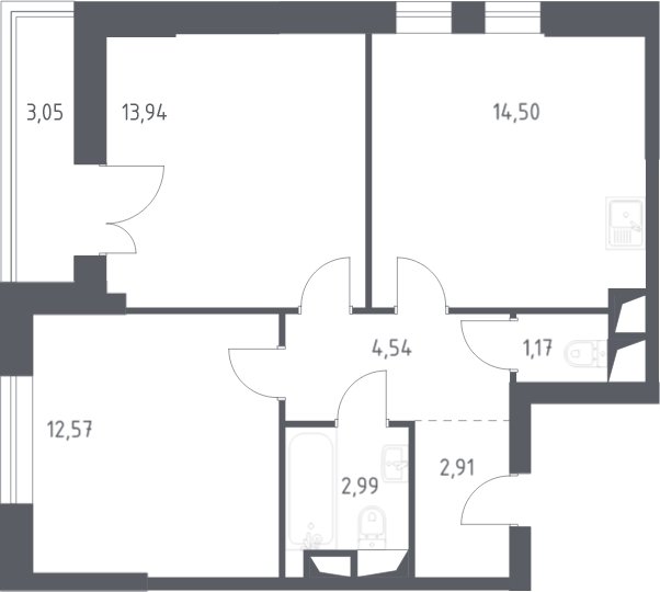 2-комнатные апартаменты с полной отделкой, 55.7 м2, 3 этаж, сдача 3 квартал 2024 г., ЖК Квартал Спутник, корпус 17 - объявление 2066787 - фото №1