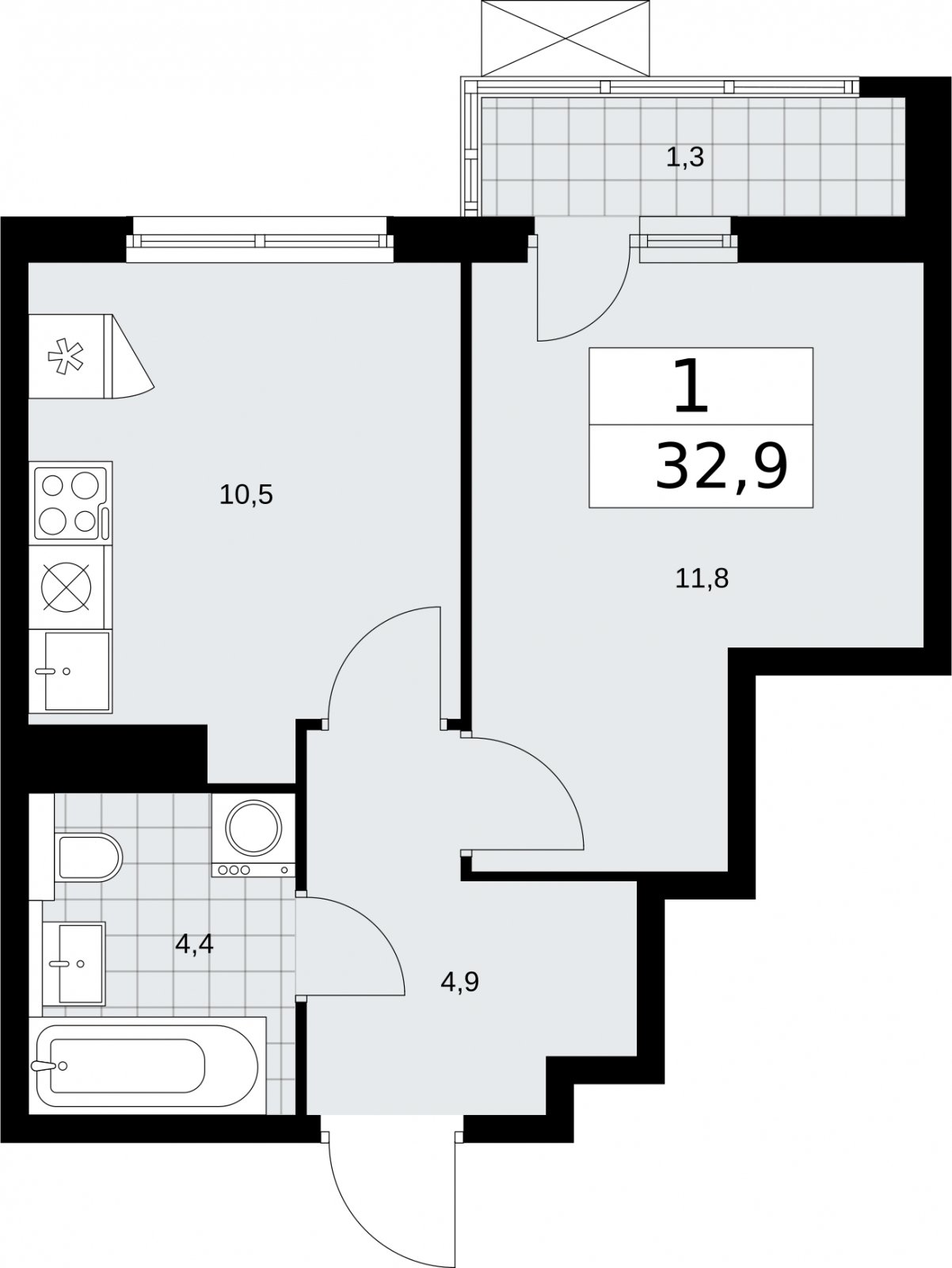 1-комнатная квартира с полной отделкой, 32.9 м2, 12 этаж, сдача 2 квартал 2026 г., ЖК Бунинские кварталы, корпус 7.1 - объявление 2319297 - фото №1
