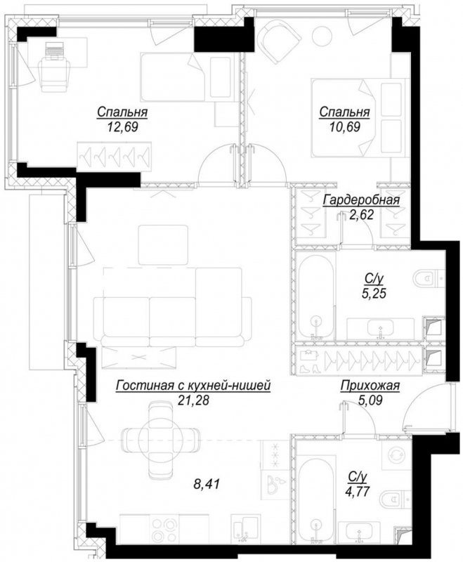 2-комнатная квартира с частичной отделкой, 70.8 м2, 14 этаж, дом сдан, ЖК Hide, корпус RiverSide - объявление 2192287 - фото №1