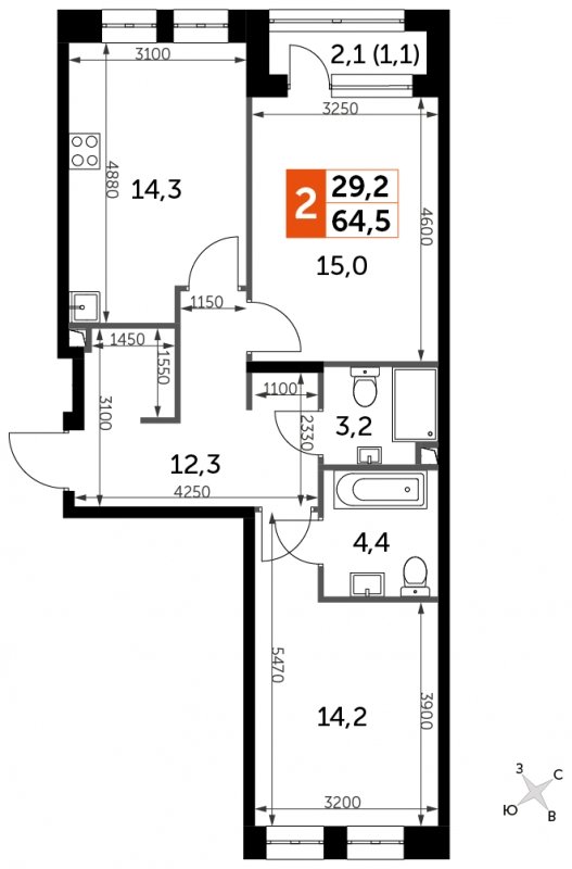 2-комнатная квартира с частичной отделкой, 64.5 м2, 2 этаж, сдача 3 квартал 2024 г., ЖК Sydney City, корпус 2.1 - объявление 1608197 - фото №1