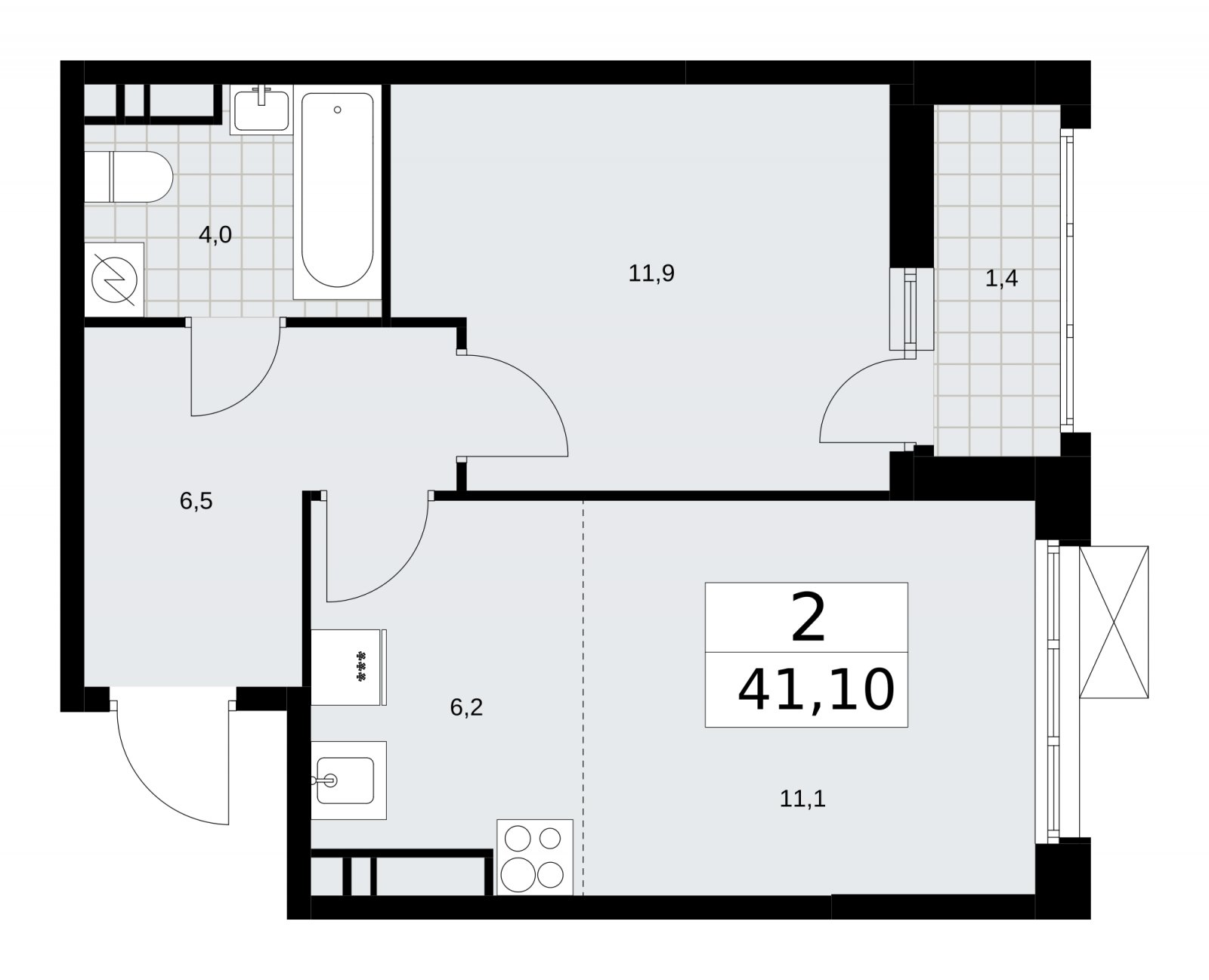 2-комнатная квартира (евро) без отделки, 41.1 м2, 13 этаж, сдача 3 квартал 2025 г., ЖК Скандинавия, корпус 28.2 - объявление 2202406 - фото №1