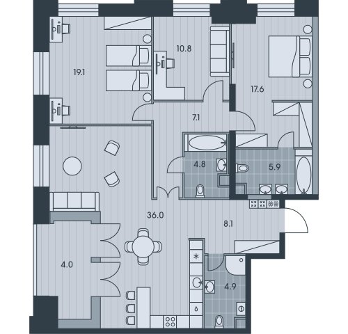 4-комнатная квартира без отделки, 118.3 м2, 34 этаж, сдача 3 квартал 2025 г., ЖК EVER, корпус 4 - объявление 2331823 - фото №1