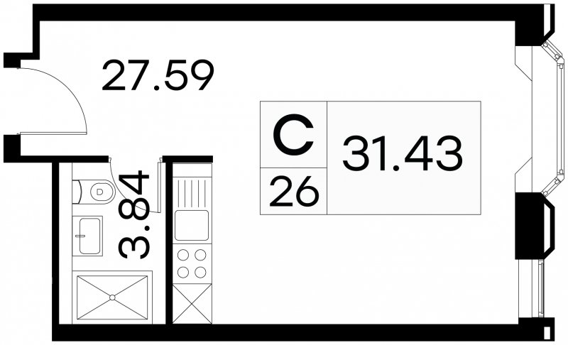 Студия с частичной отделкой, 31.43 м2, 4 этаж, сдача 3 квартал 2024 г., ЖК GloraX Aura Белорусская, корпус 1 - объявление 1708721 - фото №1