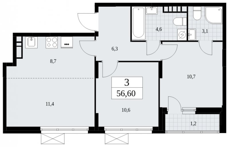 3-комнатная квартира (евро) без отделки, 56.6 м2, 9 этаж, сдача 4 квартал 2024 г., ЖК Скандинавия, корпус 35.2.2 - объявление 1841074 - фото №1