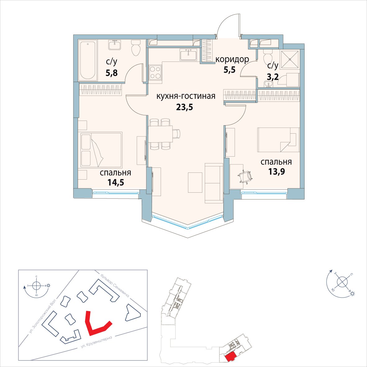 2-комнатная квартира без отделки, 66.4 м2, 17 этаж, сдача 3 квартал 2025 г., ЖК Символ, корпус 29 (квартал "Вдохновение") - объявление 2403977 - фото №1