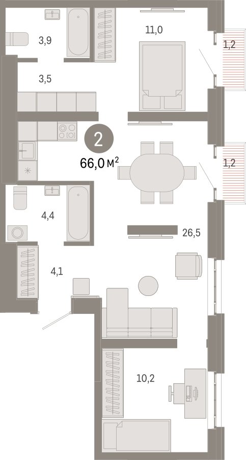 2-комнатная квартира 66 м2, 4 этаж, сдача 3 квартал 2026 г., ЖК Квартал Метроном, корпус 1 - объявление 2330871 - фото №1