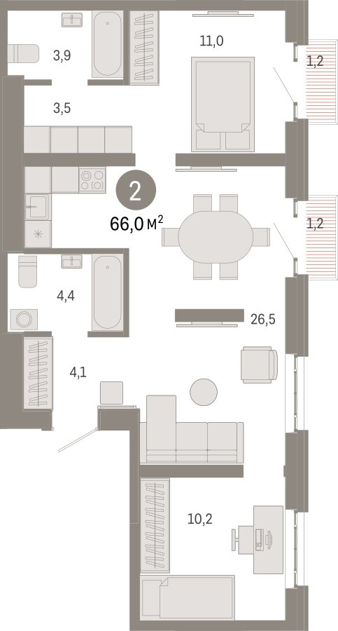 2-комнатная квартира 66 м2, 4 этаж, сдача 3 квартал 2026 г., ЖК Квартал Метроном, корпус 1 - объявление 2424146 - фото №1