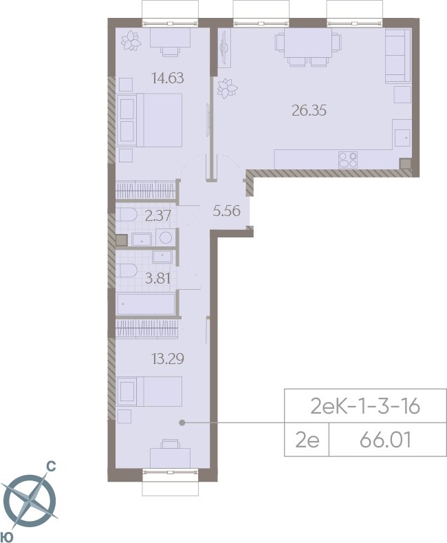 2-комнатная квартира без отделки, 66 м2, 6 этаж, сдача 3 квартал 2025 г., ЖК Дмитровское небо, корпус 2 - объявление 2185594 - фото №1
