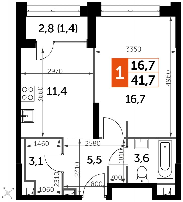 1-комнатная квартира с частичной отделкой, 41.7 м2, 26 этаж, сдача 1 квартал 2023 г., ЖК Sydney City, корпус 3 - объявление 1658332 - фото №1
