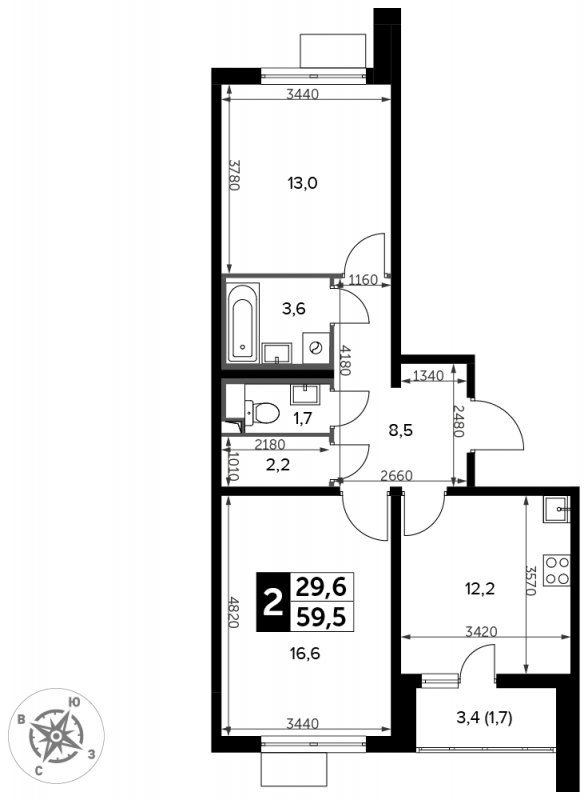 2-комнатная квартира с частичной отделкой, 59.5 м2, 7 этаж, сдача 3 квартал 2023 г., ЖК Южная Битца, корпус 12 - объявление 1771645 - фото №1