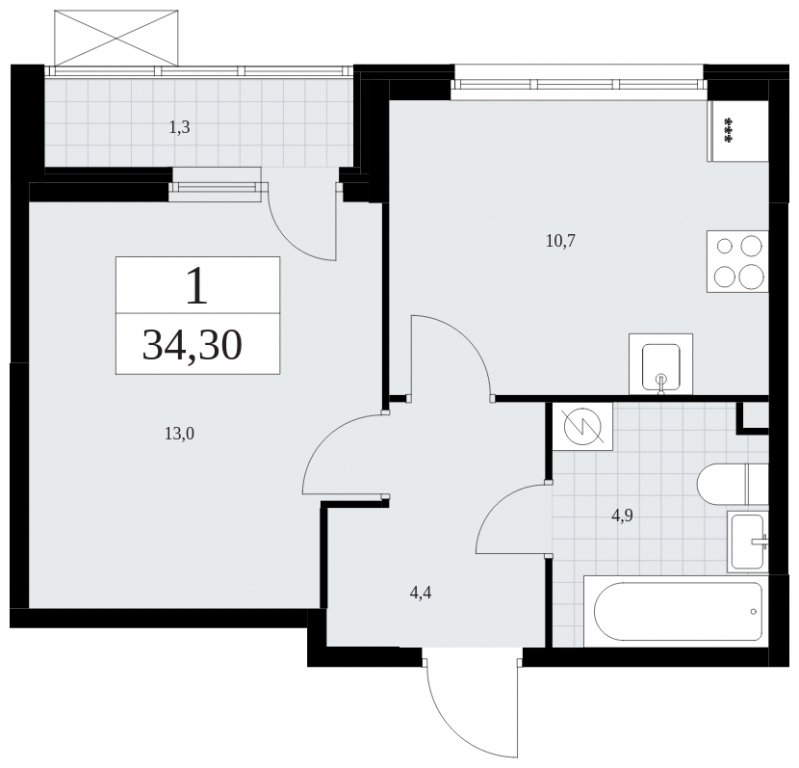 1-комнатная квартира без отделки, 34.3 м2, 2 этаж, сдача 4 квартал 2024 г., ЖК Скандинавия, корпус 35.2.2 - объявление 1840971 - фото №1