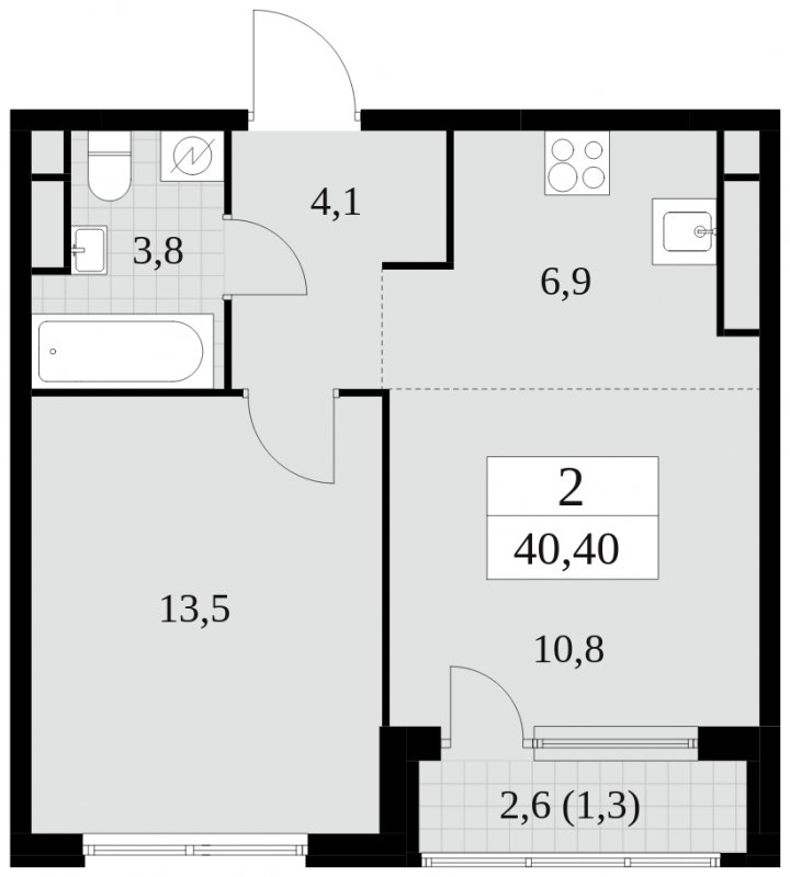 2-комнатная квартира (евро) без отделки, 40.4 м2, 30 этаж, сдача 2 квартал 2025 г., ЖК Южные сады, корпус 2.3 - объявление 1758288 - фото №1