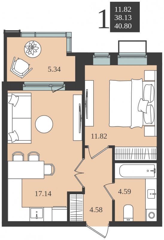 1-комнатная квартира без отделки, 40.8 м2, 2 этаж, сдача 1 квартал 2024 г., ЖК Мишино-2, корпус 7 - объявление 1906950 - фото №1