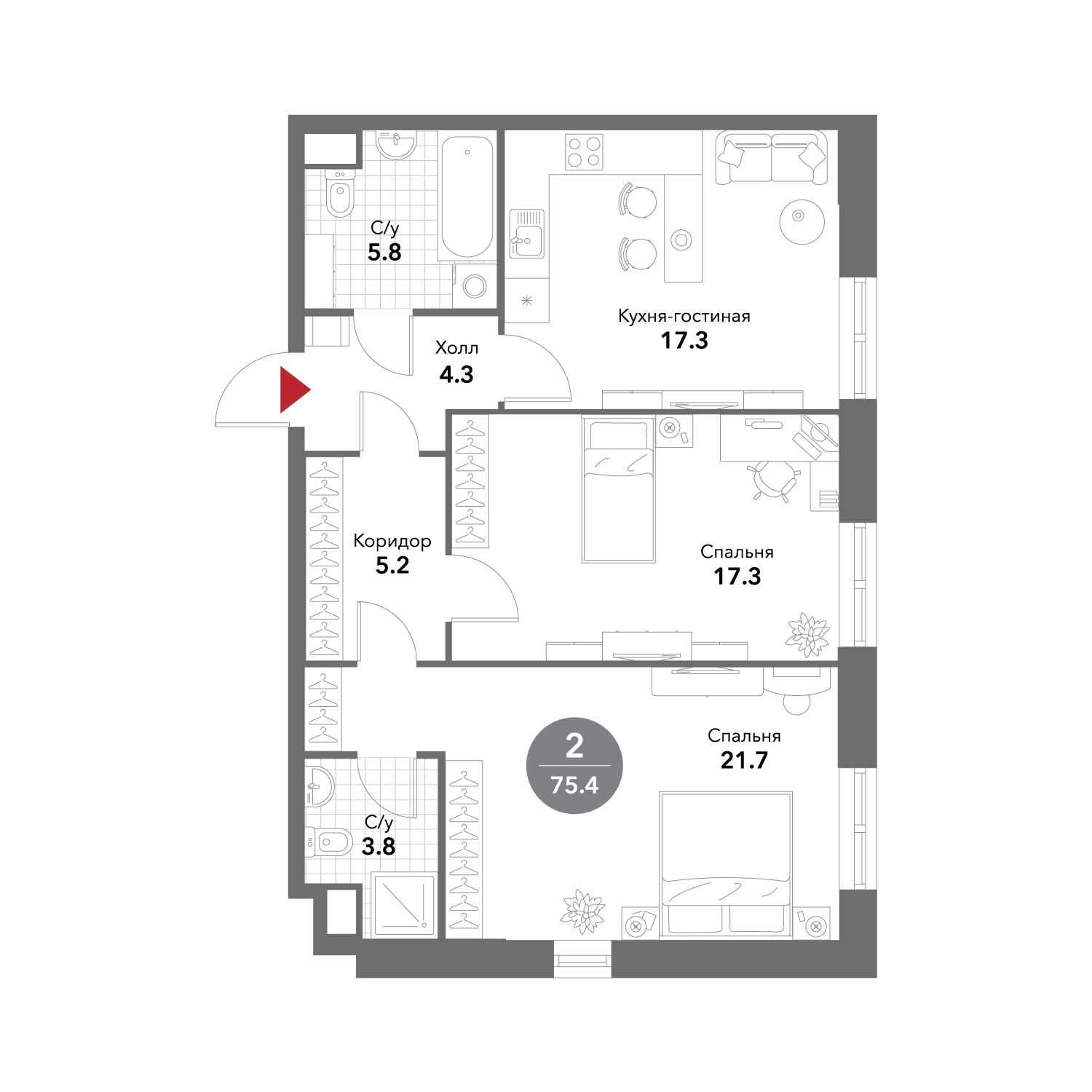 2-комнатные апартаменты без отделки, 75.4 м2, 11 этаж, сдача 3 квартал 2025 г., ЖК VOXHALL, корпус 4 - объявление 2001347 - фото №1