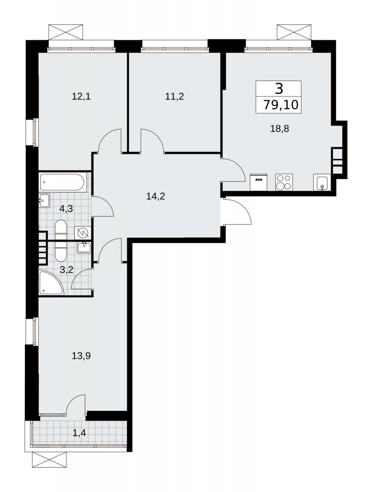 3-комнатная квартира с частичной отделкой, 79.1 м2, 4 этаж, сдача 4 квартал 2025 г., ЖК Бунинские кварталы, корпус 3.4 - объявление 2152047 - фото №1