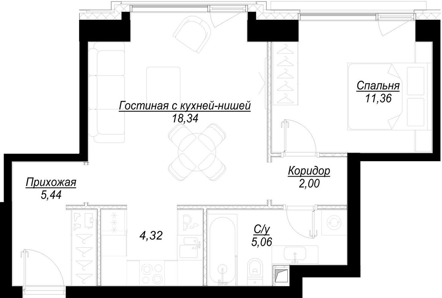 1-комнатная квартира с частичной отделкой, 46.5 м2, 29 этаж, дом сдан, ЖК Hide, корпус RiverSide - объявление 2192220 - фото №1