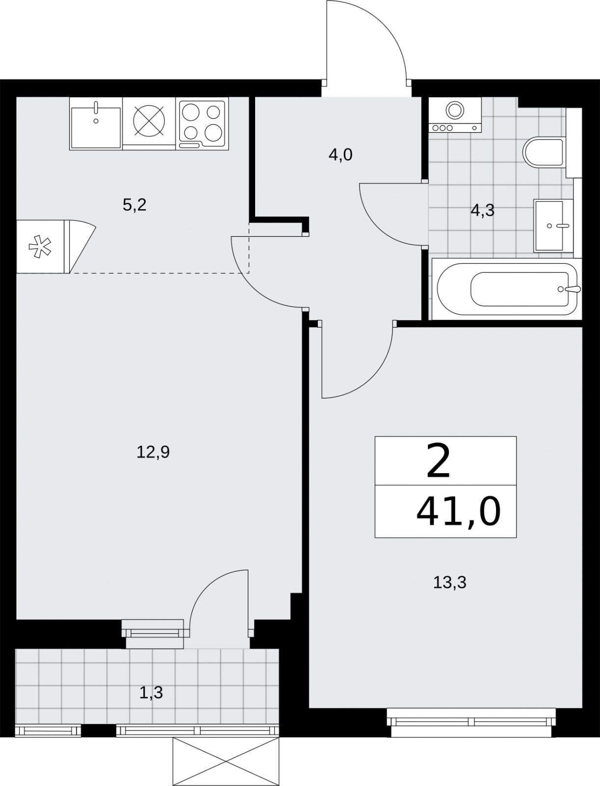 2-комнатная квартира (евро) с полной отделкой, 41 м2, 3 этаж, сдача 2 квартал 2026 г., ЖК Бунинские кварталы, корпус 7.1 - объявление 2319485 - фото №1