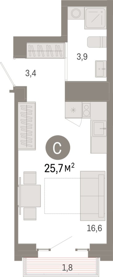 Студия с частичной отделкой, 25.7 м2, 5 этаж, сдача 3 квартал 2026 г., ЖК Квартал Метроном, корпус 1 - объявление 2302156 - фото №1