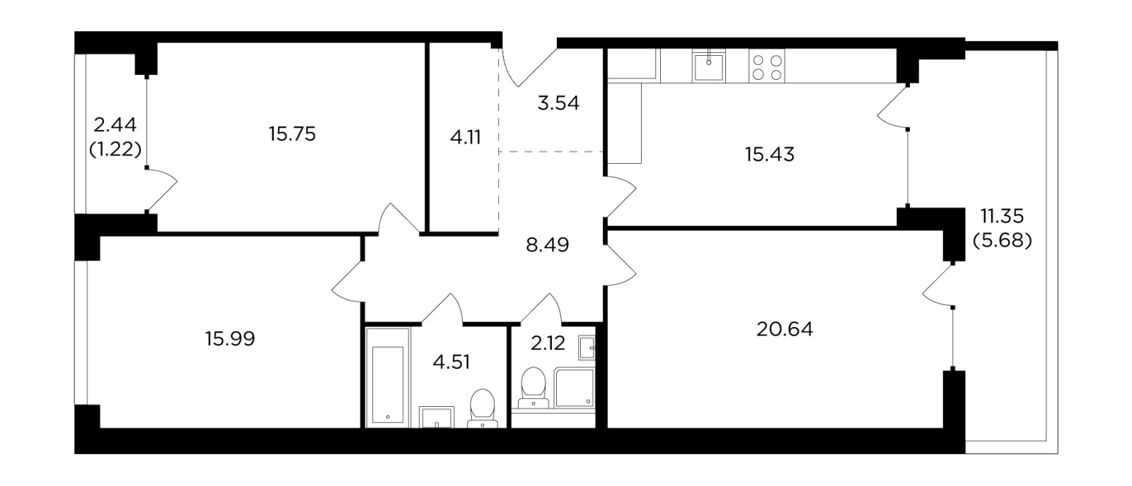 3-комнатная квартира без отделки, 97.48 м2, 12 этаж, дом сдан, ЖК RiverSky, корпус 8 - объявление 2351910 - фото №1
