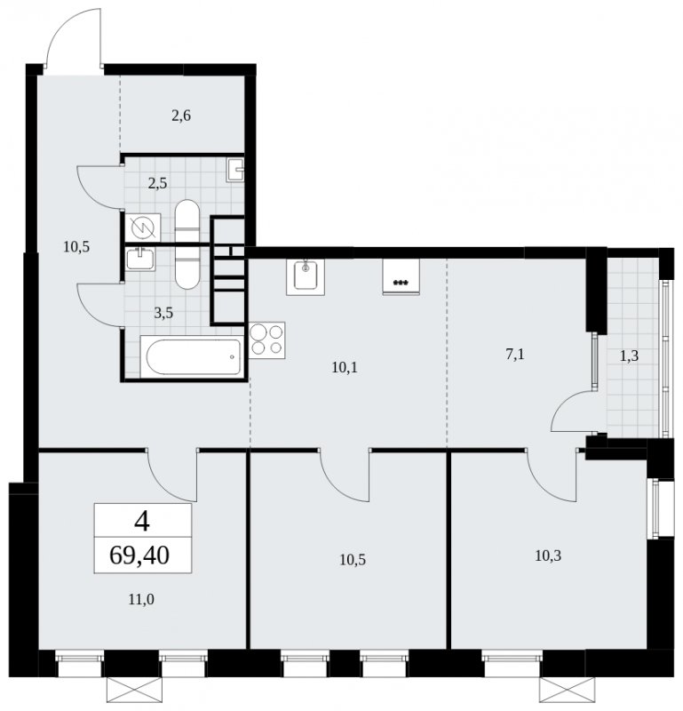 4-комнатная квартира (евро) без отделки, 69.4 м2, 11 этаж, сдача 1 квартал 2025 г., ЖК Дзен-кварталы, корпус 1.3 - объявление 1895988 - фото №1