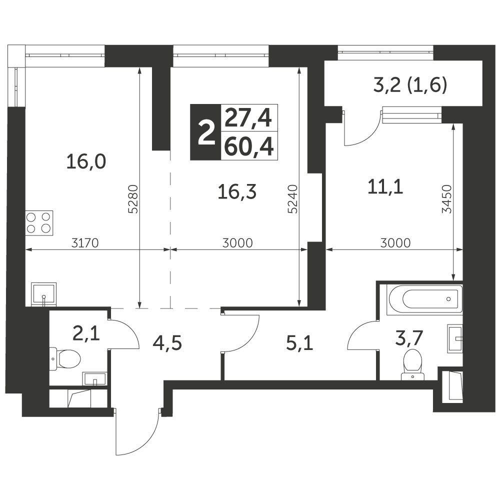 2-комнатная квартира с частичной отделкой, 60.4 м2, 3 этаж, дом сдан, ЖК Архитектор, корпус 3 - объявление 2398008 - фото №1