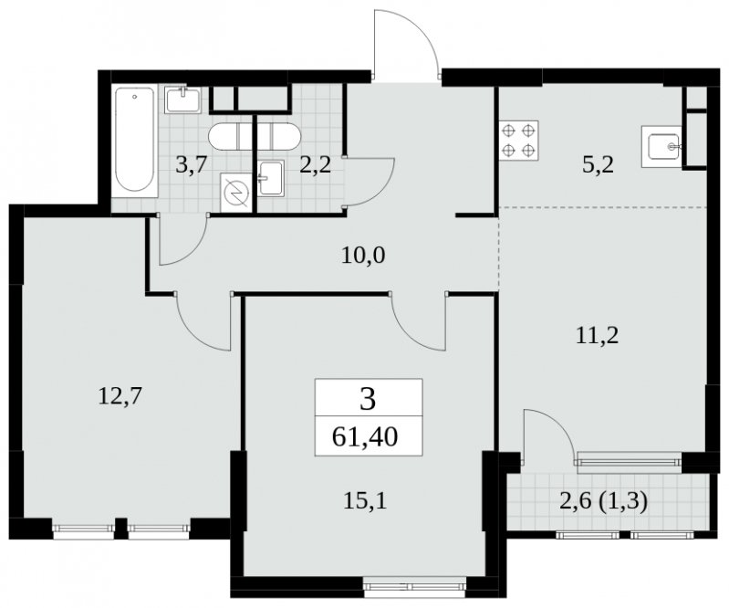 3-комнатная квартира (евро) без отделки, 61.4 м2, 4 этаж, сдача 2 квартал 2025 г., ЖК Южные сады, корпус 2.4 - объявление 1760433 - фото №1