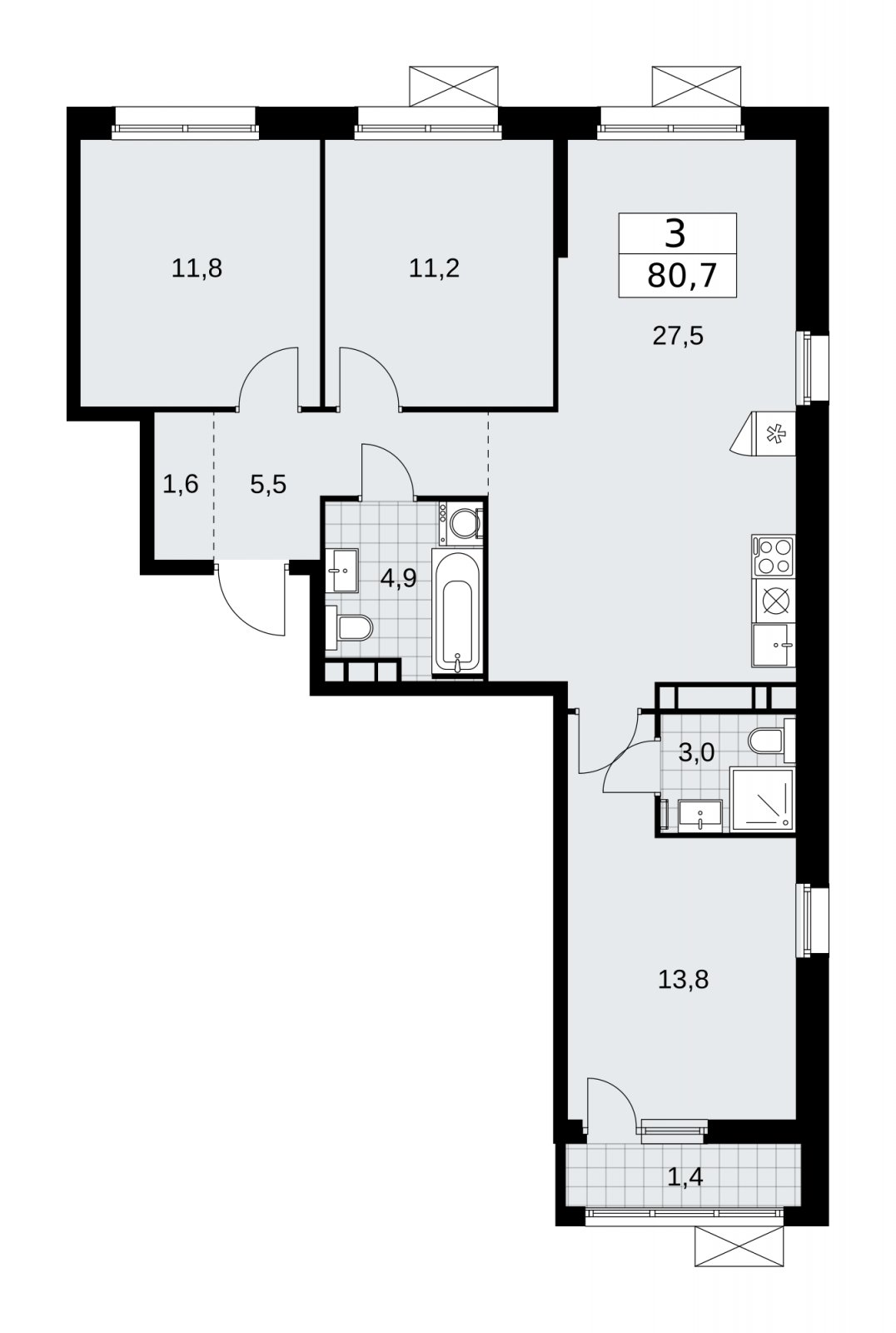 3-комнатная квартира без отделки, 80.7 м2, 11 этаж, сдача 2 квартал 2026 г., ЖК Скандинавия, корпус 25.4 - объявление 2284067 - фото №1